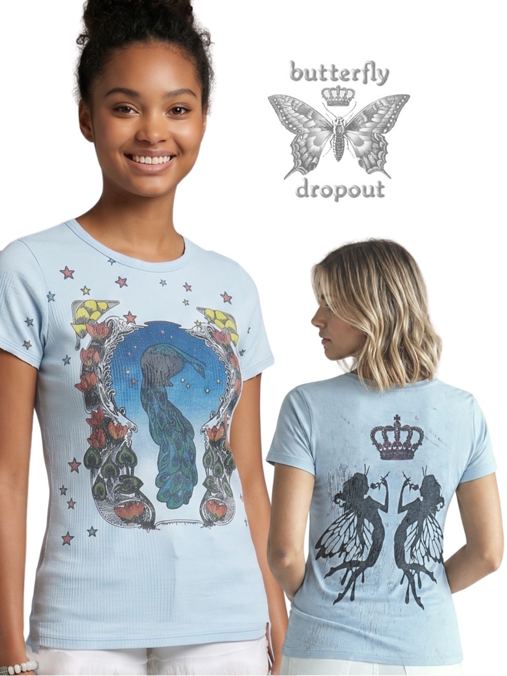 BUTTERFLY DROPOUT Rare Peacock Fairy Double Sided Graphic Baby Tee